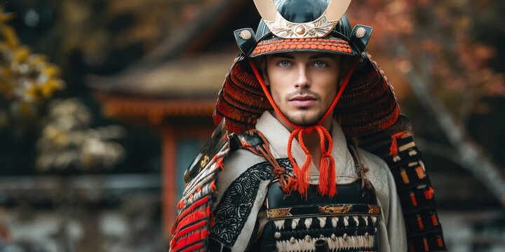 Portrait of a stoic samurai warrior in traditional armor outdoors