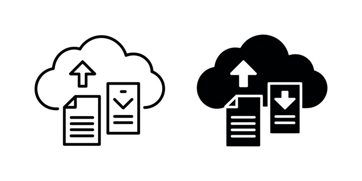 Black and white cloud with upload and download document symbols file in white background.
