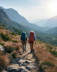 Obraz premium Two hikers walk uphill on a rocky trail. Mountains stretch wide in soft, golden light. Their backpacks are large and colorful. The path winds through dry grass and stones. They move together, peaceful