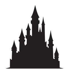 Black castle silhouette vector with multiple towers and spires. Representing fairy tales, fantasy kingdoms, and magical destinations © Zulfa