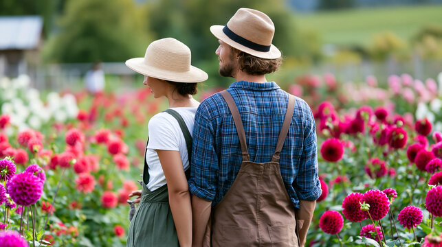 Rear view of a happy couple working as farmers at a flower farm in rural setting, flower farming lifestyle concept, small agricultural business, dahlia farm photography, defocused