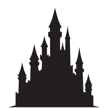 Black castle silhouette vector with multiple towers and spires. Representing fairy tales, fantasy kingdoms, and magical destinations