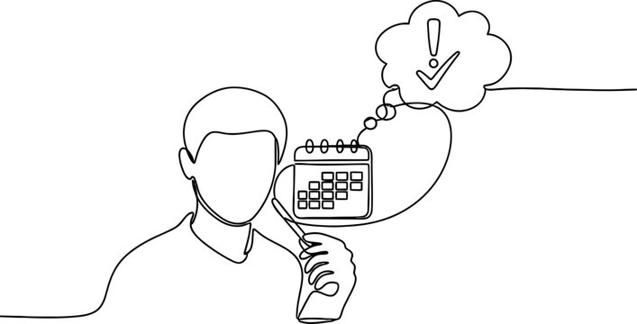 Continuous line drawing of man with calendar and thought bubble with exclamation mark and checkmark