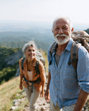 Sunlit trail winds through green hills. Senior couple hikes with smiles and backpacks. They move forward, enjoying the mountain air. Natural light highlights their joyful expressions