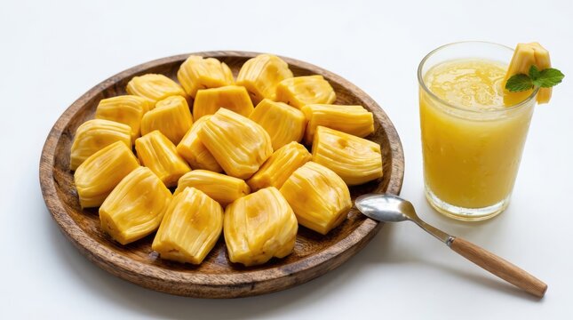 Fresh Yellow Jackfruit Segments Arranged on Wooden Plate with Juice Glass on White Background