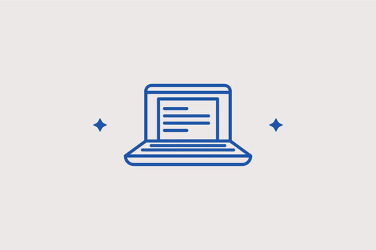 Laptop with text line icon for remote work, blogging, and digital communication. Sleek vector illustration for freelance services and technology blog headers.