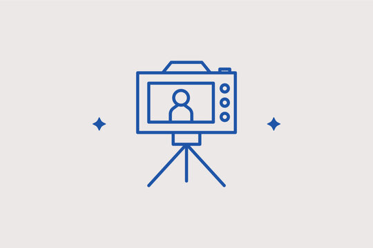 Camera on tripod line icon for professional video production and studio vlogging. Detailed vector illustration for filmmaker websites and vlogger equipment guides.