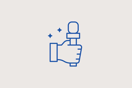 Hand holding microphone line icon for interviews, podcasting, and live reporting. Journalistic vector illustration for media agency logos and press conference news.
