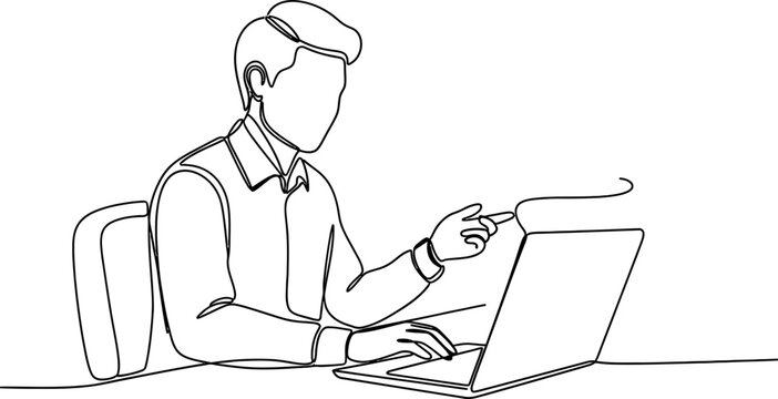 Man working on laptop, continuous line drawing