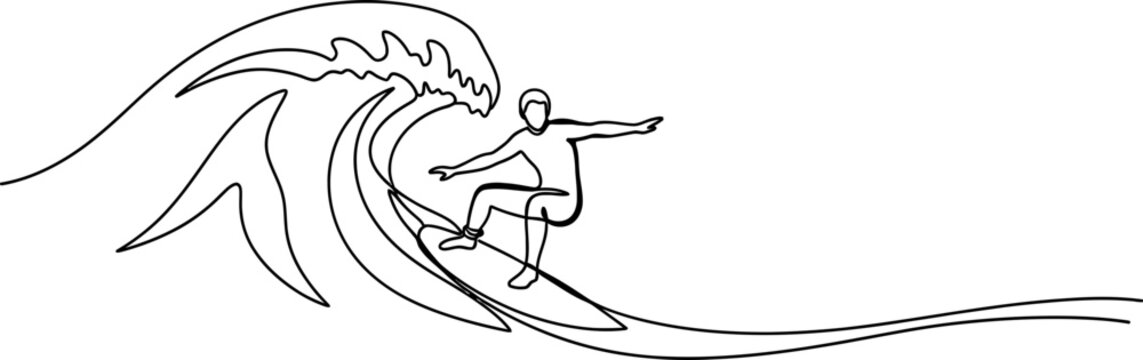 Surfer Riding Wave, Minimalist Line Art Illustration