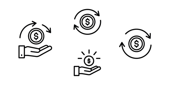 Black line of hands holding dollar coins with circular arrows money finance in white background.