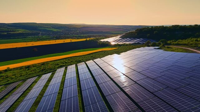 Large solar panel array fills the landscape as the sun sets. Green fields and rolling hills are visible in the distance. This scene shows renewable energy installation in nature.