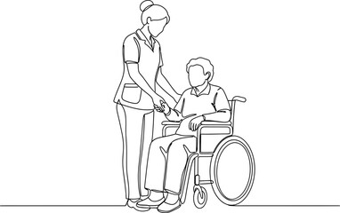 Nurse Assisting Elderly Person in Wheelchair, Continuous Line Drawing © Brian