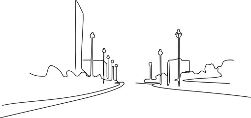 Minimalist cityscape, urban street with streetlights and buildings, continuous line art. © Brian