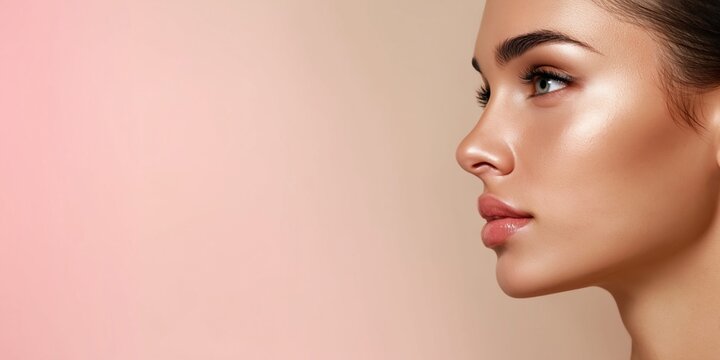 Close-up profile of a woman's radiant face with glowing skin and perfect makeup