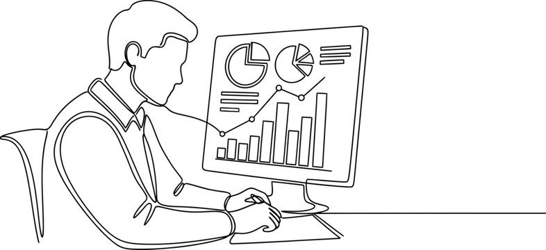 Man analyzing financial charts on computer screen, continuous line drawing