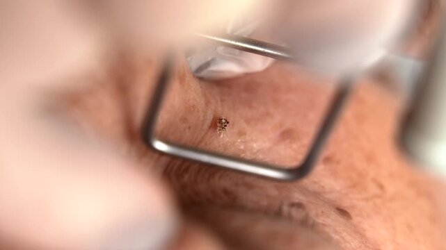Laser Removal of Skin Lesion or Papilloma on Senior Patient Face. Close-up of Dermatologist Using Medical Equipment for Skin Treatment