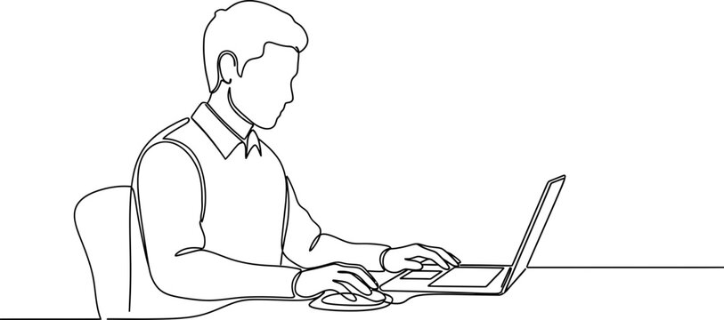 Man using laptop and mouse on desk, continuous line drawing
