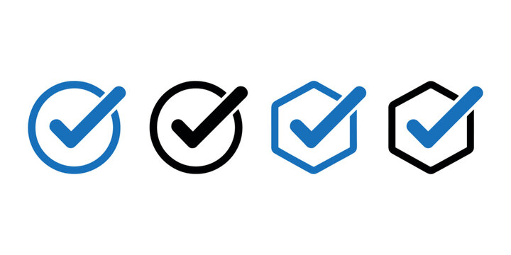 Blue and black check marks in circle and hexagon outlines tick mark correct in white background.
