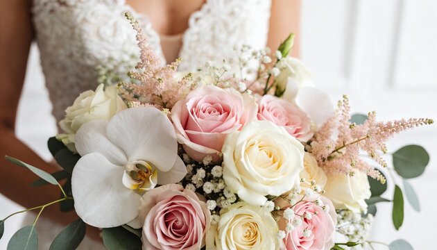 Elegant bridal bouquet with pink and white roses, orchid and delicate blooms held by bride in lace wedding dress.
