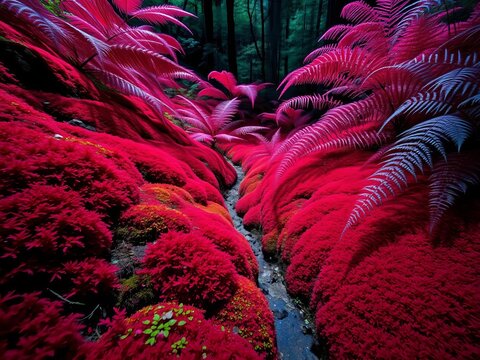 Crimson and sapphire mosses carpet a tilted forest floor, where colossal ferns unfurl in hyperreal hues, a dizzying, saturated spectacle,  nature,  surreal