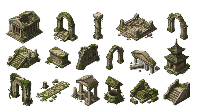 A collection of 20 flat vector icons depicting various ancient moss-covered stone structures and architectural elements in a digital illustration style.