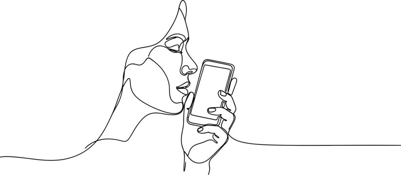Continuous line drawing of a woman kissing a smartphone, minimalist art, modern communication