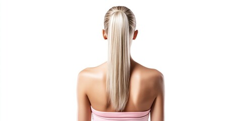 Naklejka premium Back view of a woman with blonde hair in a high ponytail, isolated on white