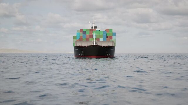 Drone aerial over anchored container ships and oil tankers in a calm bay on an overcast day, depicting global trade disruption and Strait of Hormuz closure concept in a cinematic 3D animation render