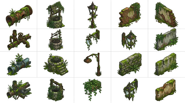 Isometric vector icons depict abandoned urban objects with moss and ivy.