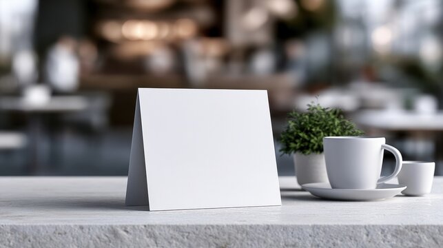 Blank white table tent card mockup on a cafe table with coffee cup and small plant