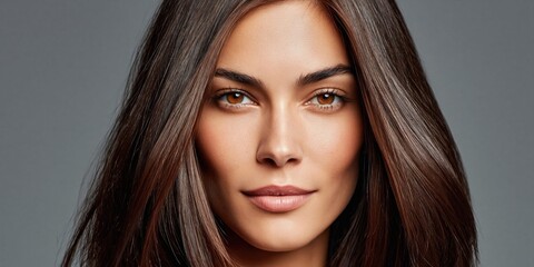 Fototapeta premium Beautiful woman with long, dark brown, straight hair and warm brown eyes
