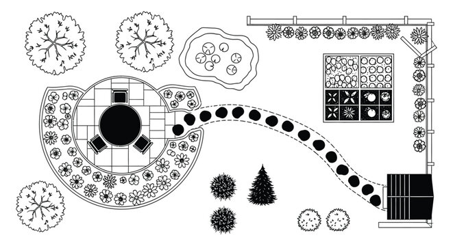 Landscape plan with trees and garden elements silhouette