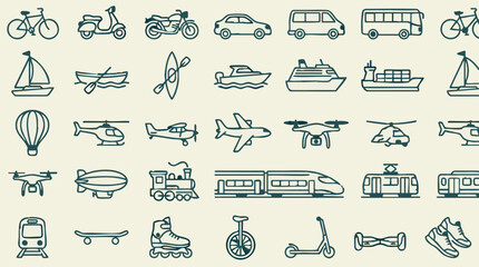 Collection of Line Art Icons Featuring Various Modes of Transportation © Nomadic