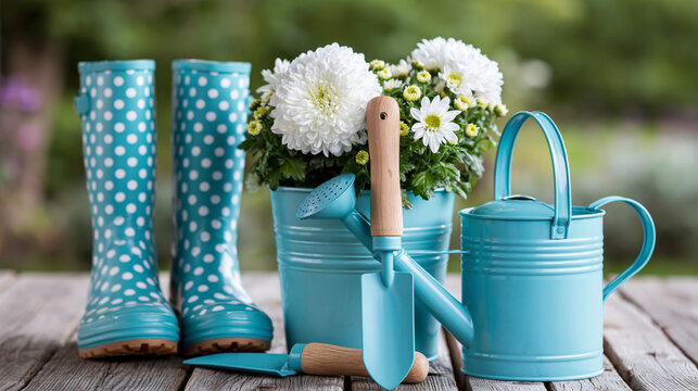 Close-up of a garden composition with rubber boots, trowels and watering can on a wooden table, garden product display concept, spring and summer gardening tools, horticulture