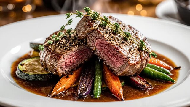 Gourmet dish of grilled meat with vegetables on a white plate