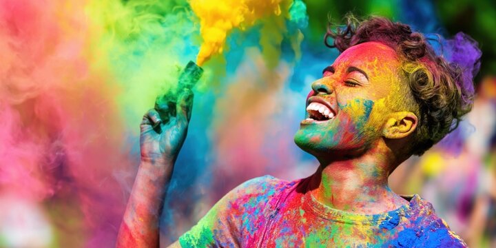 Joyful non-binary person covered in vibrant Holi powder, celebrating with color