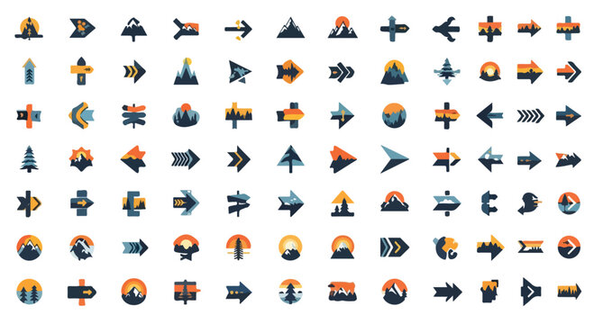 Outdoor adventure arrow icons set, mountain landscape navigation symbols, 84 nature travel vector elements for hiking maps and camping apps