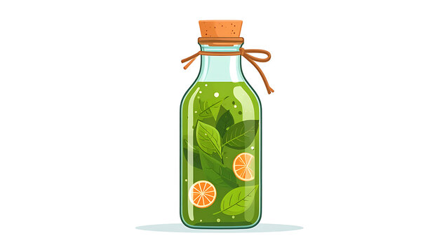 Pixel art green potion in glass bottle with leaves and citrus slices, health elixir, healthy drink, natural ingredient, isolated on white background