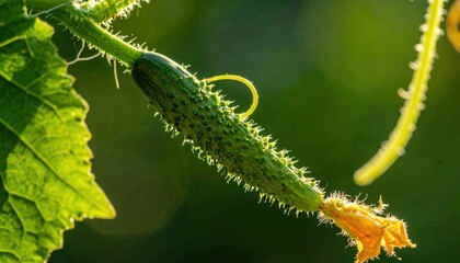 Fototapeta premium Cucumber plant with green fruit growing.