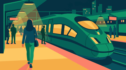Modern train at illuminated station platform with passengers at night © Nomadic