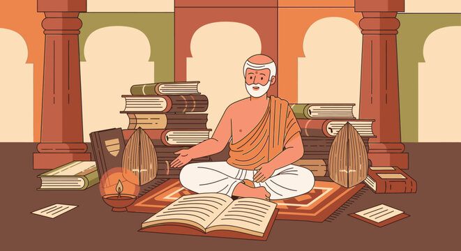 An elderly man sits cross-legged on a mat reading a large book surrounded by stacks of books and scrolls in a room with arches.