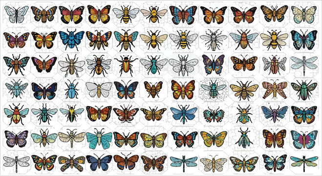 Vintage entomology collection of 84 insect icons, colorful butterfly and beetle vector set, antique scientific biological illustrations for educational posters