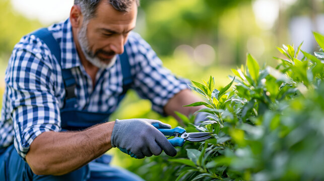 Rear view of a happy gardener pruning lush plants in a sunny afternoon garden, skilled outdoor gardening concept, plant maintenance photography, dedicated horticulture lifestyle,