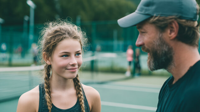 Young tennis player listening to coach during training session on outdoor court