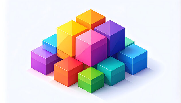 Stack of colorful isometric cubes forming a pyramid shape, representing data, growth, or building blocks, with clean lines and a soft gradient.