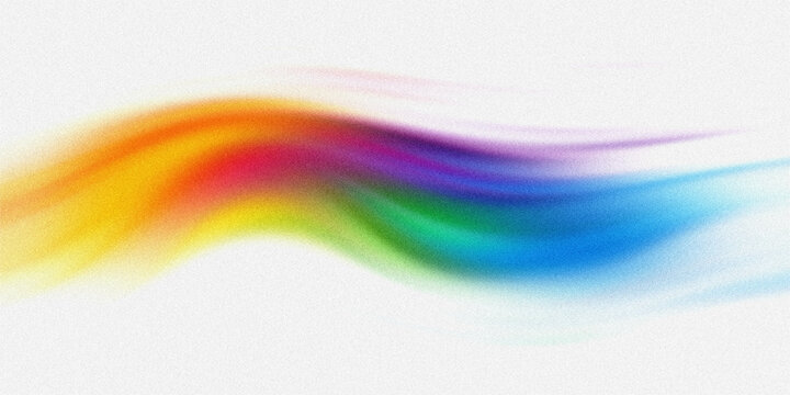 Rainbow spectrum of vibrant colors in abstract wavy form on white background with subtle grain texture creates energetic art.