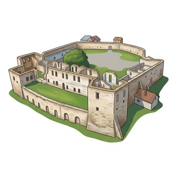 Isometric illustration of the historic Chortkiv Castle ruins featuring stone walls and defensive towers on white background