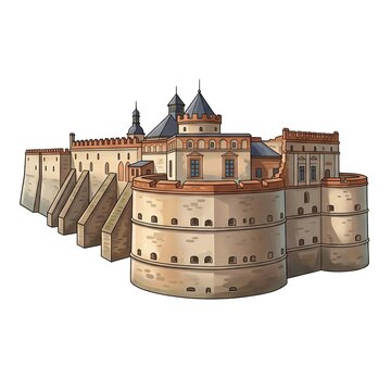 Illustration of the Medzhybizh Fortress featuring massive stone bastions and Renaissance style architectural details