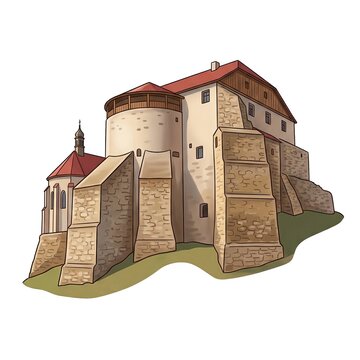 Illustration of the historic Ostroh Castle featuring the stone Round Tower and massive buttresses on a hill